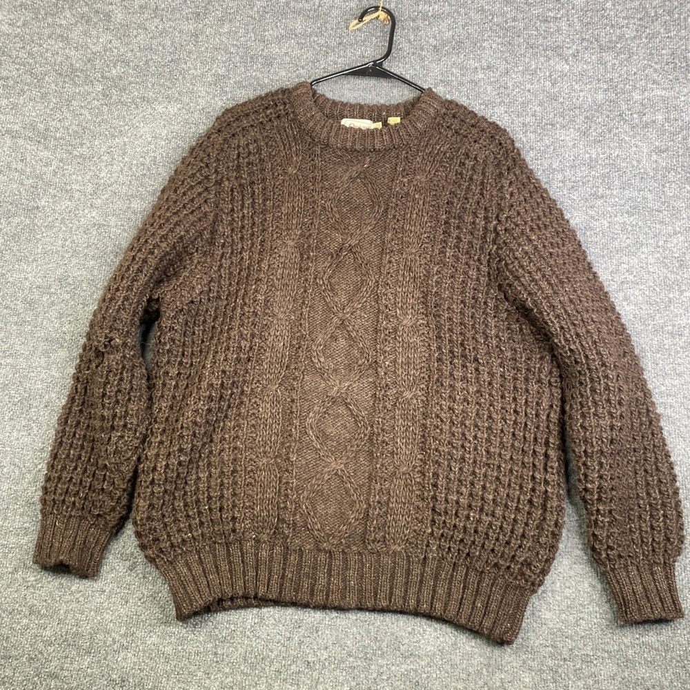Orvis Vintage Mens Wool Cable Knit Fisherman Sweater Brown Made in Ireland 40